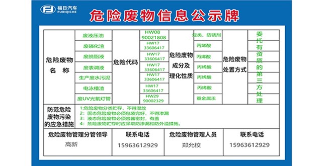 福日汽車(chē)危險(xiǎn)廢物信息公示牌